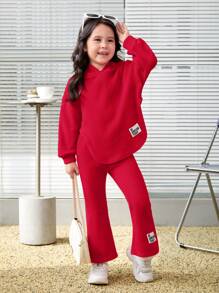 Leap Crew 2pcs/Set Young Girl Toddler Coordinating Hoodie Sweatshirt With Asymmetrical Hem And Pants - Red - View 2