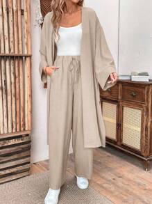 Ellegaria. 女士亚麻宽松休闲两件套：长夹克和阔腿裤，秋季 - 卡其色 - 查看 6