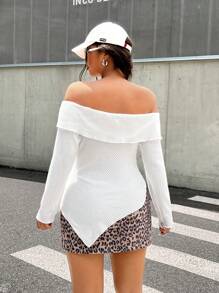 SHEIN EZwear 大码女式露肩不对称下摆长袖纯色 T 恤，冬季 - 白色 - 查看 2