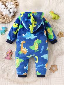 新生男宝宝可爱恐龙图案抓绒3D设计连帽拉链长袖连体衣，萌萌的恐龙风穿搭，适合室内外穿着 - 藍色 - 查看 2