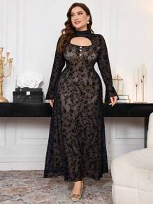 Modelyn Plus Size Women Elegant Floral Flocked Cutout Stand Collar Bell Sleeve Dress Maxi Women Outfit