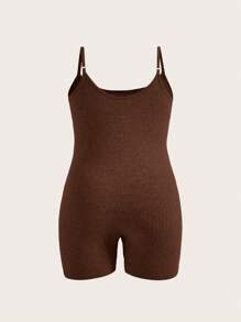 Slaydiva Jumpsuit Tipis Bertekstur Ribbed Warna Polos untuk Wanita Ukuran Plus, Cocok untuk Sehari-hari, Kasual & Olahraga, Musim Semi/Musim Panas - Coklat - View 3