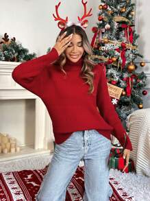 Chiquease 女士纯色高领长袖休闲针织套头衫，秋冬款 - 紅色 - 查看 4