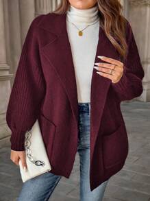 Calvaya كارديجان محبوك بأكمام طويلة وجيوب, لون سادة, نمط كاجوال لأحجام إضافية، شتوي - عنابي اللون - مشاهدة 4