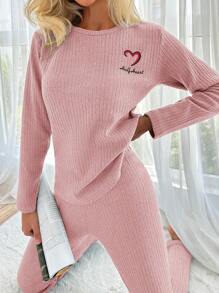 RueChic 100%Cotton Letter Embroidery Ribbed Knit Lounge Set - Baby Pink - View 1