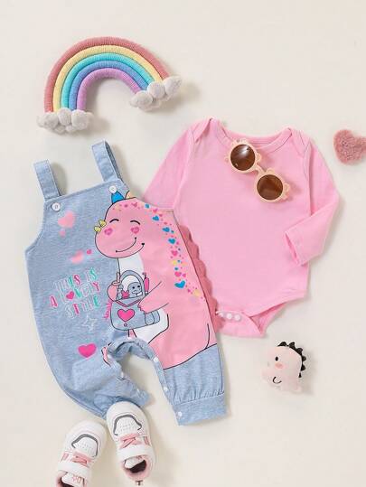 SHEIN Playful Pals Conjunto de 2 piezas para bebés niñas con diseño cómodo y lindo de dinosaurio 3D con cuernos de moda para otoño/invierno