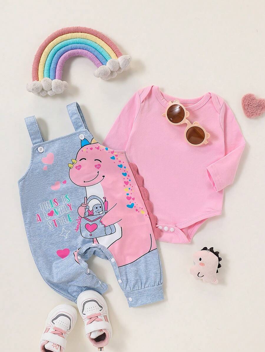 SHEIN Playful Pals 女宝宝舒适可爱恐龙 3D 角时尚 2 件套秋冬季 - 彩色 - 查看 1