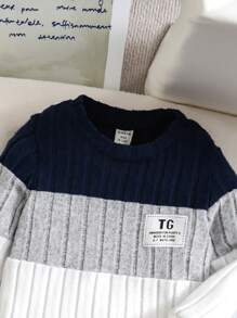 2pcs Baby Boy Casual Ribbed Patchwork Letter Print T-Shirt And Jogger Pants Set, Spring/Autumn - Multicolor - View 8