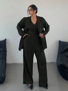 Vibekara 3-Piece Set: Plus Size Lapel Collar V-Neck Vest And Straight Leg Pants, Commuter Style In Dark Gray Fall Cloth For Women Autumn - Black - View 6