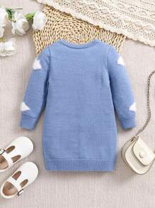 SHEIN Leap Crew Baby Girl Cute Sky And Cloud Print Long Sleeve Sweater Dress For Autumn/Winter - Blue - View 2