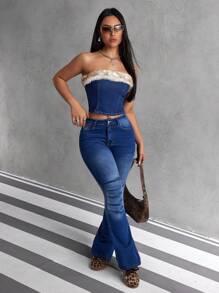 SHEIN EZwear Women Summer Fashionable Everyday Denim Bustier Top With Furry Trim, Slim Fit - Blue - View 6