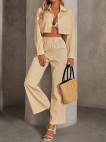 INAWLY 2pcs Women's Solid Color Button Front Blouse & Casual Pants Set, Vacation - Yellow - View 1