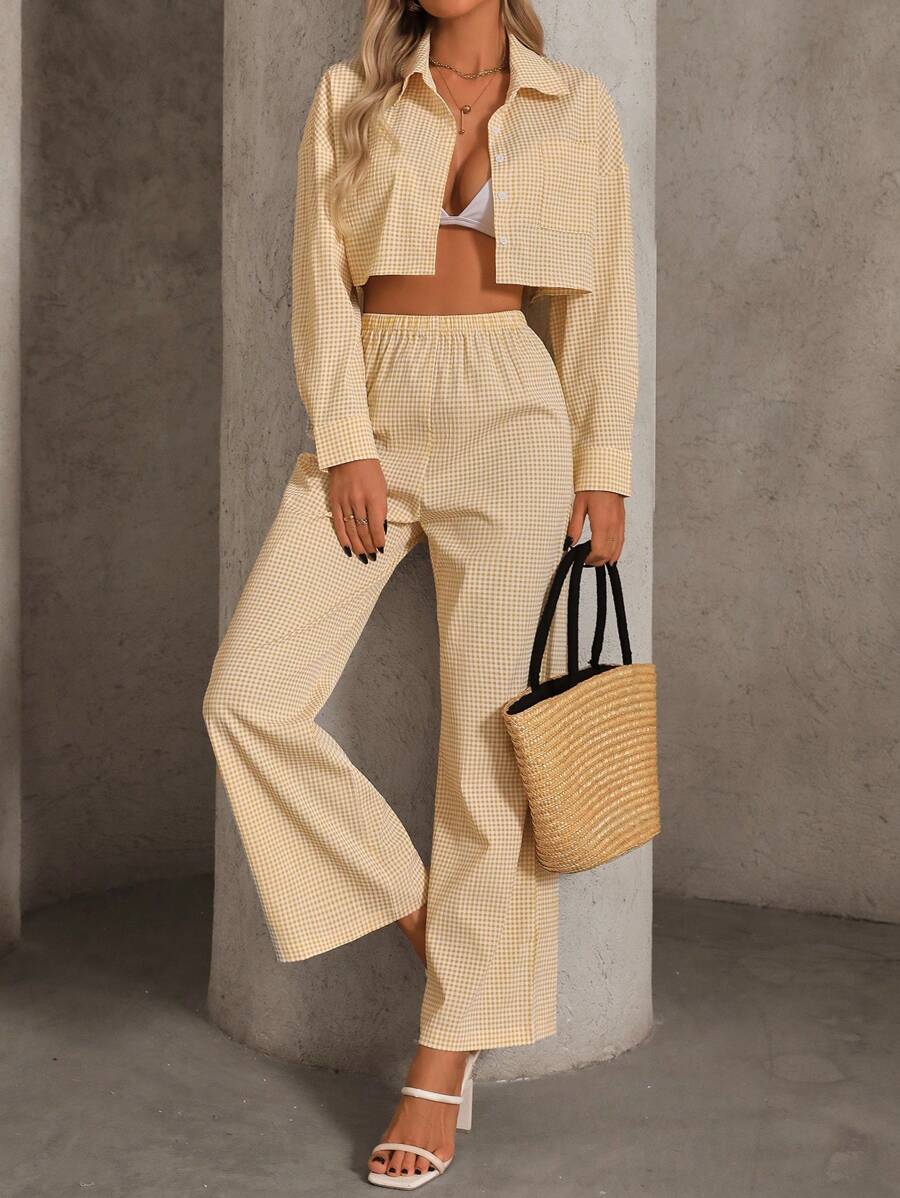 INAWLY 2pcs Women's Solid Color Button Front Blouse & Casual Pants Set, Vacation - Yellow - View 1