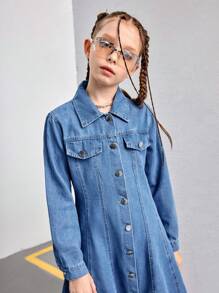 Vestido vaquero azul desteñido con pliegues y vuelo, diseño minimalista y de moda, adecuado para uso diario, para niñas preadolescentes