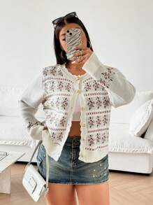 Calvaya Cárdigan con estampado floral y botones en la parte delantera para talla grande, de uso casual y diario para otoño/invierno - Multicolor - Ver 6
