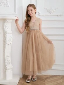 SHEIN Vestido elegante de línea A con cuello en V y cadena de strass para niñas, vestido de gala formal adecuado para bodas, bailes y cumpleaños - Champán - Ver 5