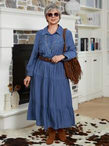 EMERY ROSE 大码女式纯色长袖单排扣荷叶边下摆休闲衬衫裙，秋冬女装，大码秋装 - 藍色 - 查看 4