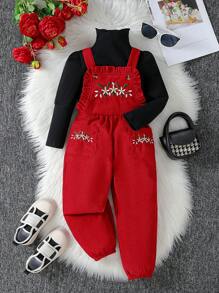 SHEIN 2pcs/Set Young Girl Embroidery Floral Jumpsuit - Burgundy - View 1