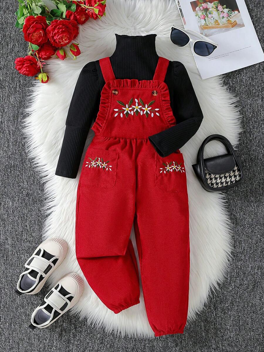 SHEIN 2pcs/Set Young Girl Embroidery Floral Jumpsuit - Burgundy - View 1