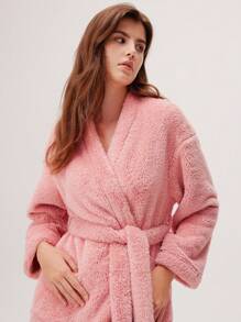 LUVLETTE 冬季柔软羊毛毛绒系腰睡衣家居服长袍