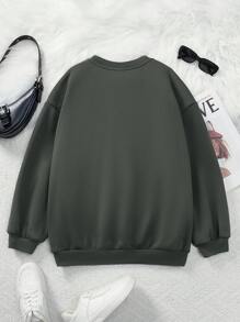 SHEIN 青少年女孩时尚街头服饰针织圆领长袖保暖衬里套头衫 - 深灰色 - 查看 2