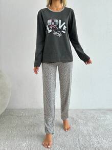 EURMUSE 100% 纯棉女士爱心印花圆领运动衫和睡裤两件套 - 深灰色 - 查看 3