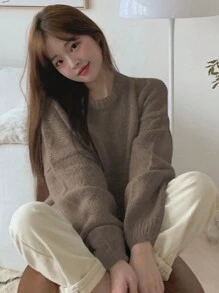 DAZY Áo len dệt kim dáng rộng, màu trơn, hở vai, dáng rộng, thường ngày cho nữ, quần áo mùa thu - Màu nâu  Mocha - Xem 5