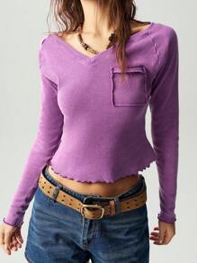 Bohemela 休闲纯色 V 领插肩长袖修身女式 T 恤 - 紫色 - 查看 1