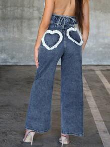 Denimoi Women's Casual Washed Heart Shape Ruffle Hem Wide Leg Jeans - Light Wash - View 1