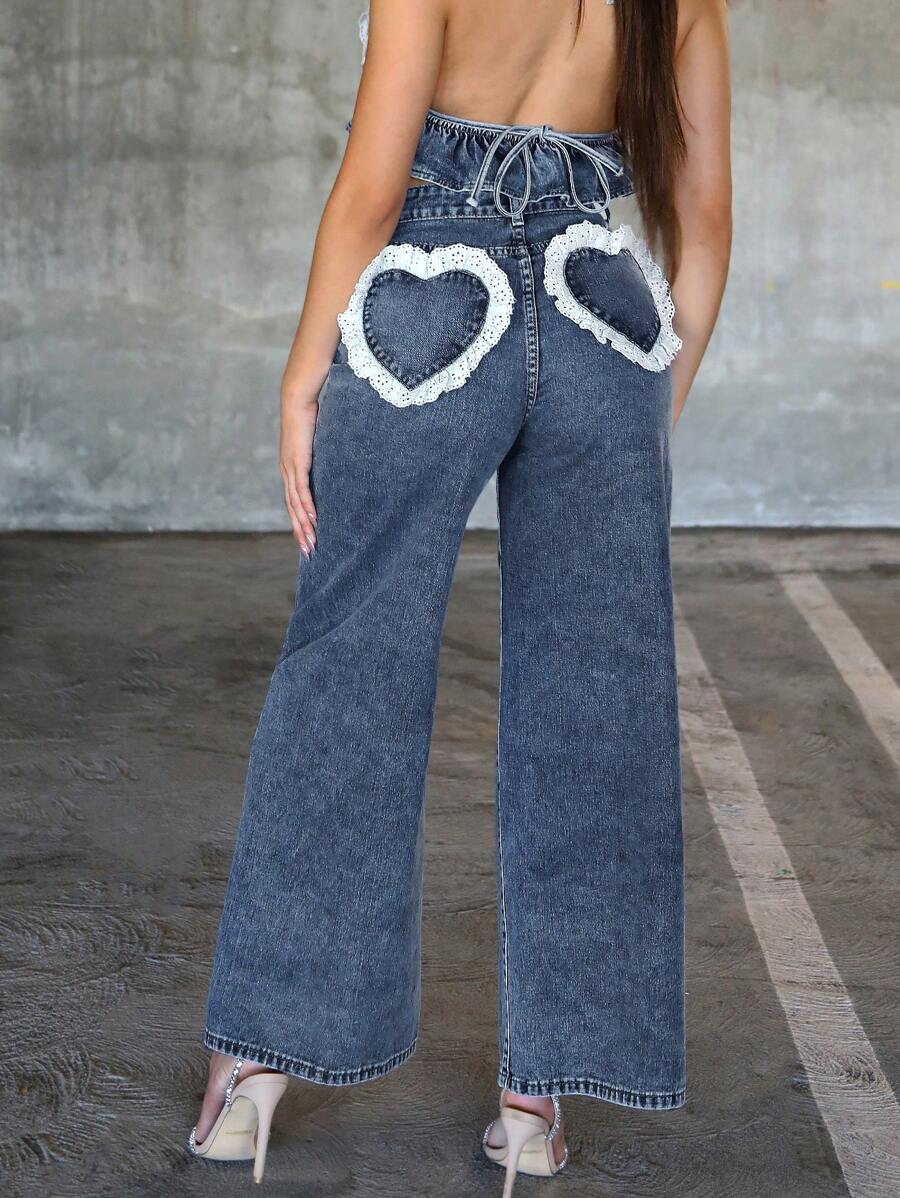 Denimoi Women's Casual Washed Heart Shape Ruffle Hem Wide Leg Jeans - Light Wash - View 1