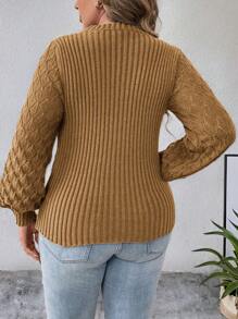 Elenzga Plus Size Women Solid Color Hollow Out Long Sleeve Casual Pullover Sweater, Autumn/Winter Knit Pullover Fall - Brown - View 2
