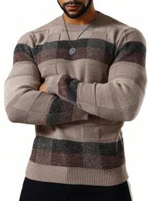 Manfinity Homme Men Color Block Urban Casual Pullover Long Sleeve Sweater, For Boyfriend Gift - Khaki - View 5