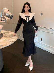 DAZY Color Block Ruffle Collar Bow Decor Women's Midi Dress, Birthday ,New Year Eve Prom Dress,Fall Clothes - Black - View 8