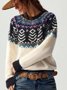 Bohemela Loose Round Neck Long Sleeve Sweater For Women, Vacation Style - White - View 2
