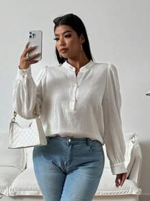 Flirla Plus Size Casual Textured Button Up Shirt, Autumn - White - View 6