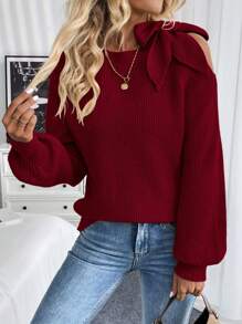 EMERY ROSE 1件纯色镂空扭结前襟长袖毛衣，秋冬季长袖针织套头衫 - 酒紅色 - 查看 5