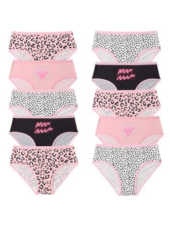 10pcs/Pack Tween Girl Chic Leopard Print & Solid Color Trim Heart Pattern Panties, Suitable For Autumn/Winter/All Seasons