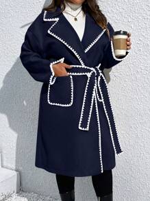 SHEIN Unity 女式大码蕾丝边长袖长款休闲外套，秋冬款 - 藏蓝色 - 查看 3