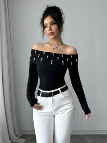 Elenzga 1pc Women Off-Shoulder Elegant Beaded Decor Top, Suitable For Autumn/Winter