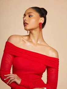 SHEIN BAE 1 Pair Minimalist Solid Color Crystal Tassel Earrings, Casual Daily Wear - Red - View 7
