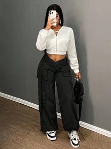 Slaydiva 2024 Herfst/Winter Nieuwe Aankomst Casual Streetwear Cargo Broek, V-vormige Tailleband Met Dubbele Zakken Wijde Broek