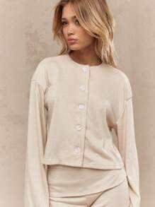 MISSGUIDED Buttoned Long Sleeves Round Neck Loose Top And Fitted Shorts Longe Two Piece Co-Ord Set