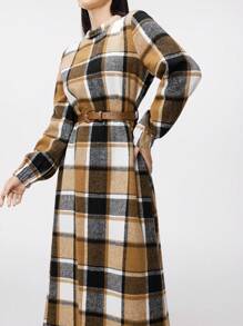 Mulvari Women's Retro Plaid Cinched Waist Long Sleeve Modest Dress, Autumn - Khaki - View 7