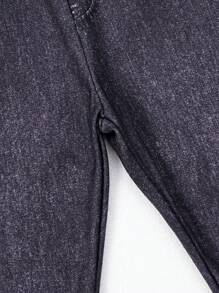 2pcs Young Girl Minimalist Cool Denim Effect Knit Leggings, Thermal Lined Pants In Black & Blue