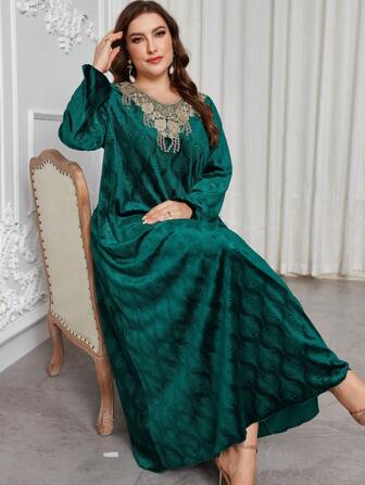 Al Najma Plus Size Autumn/Winter Velvet Embossed Solid Color Dress With Collar Floral, Elegant Modest Tunic Maxi Dresses, For Evening Party/Wedding Guest/Anniversary
