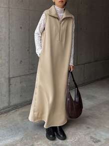 FRIFUL Robe longue en tricot à col montant et boutons latéraux unicolore décontractée pour l'automne et l'hiver - Kaki - Voir 2