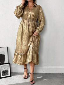 Flirla Women's V-Neck Long Sleeve Cinched Waist Drawstring Bell A-Line Patchwork Ruffles Dress, Gold Foil, Autumn/Winter - Gold - View 7