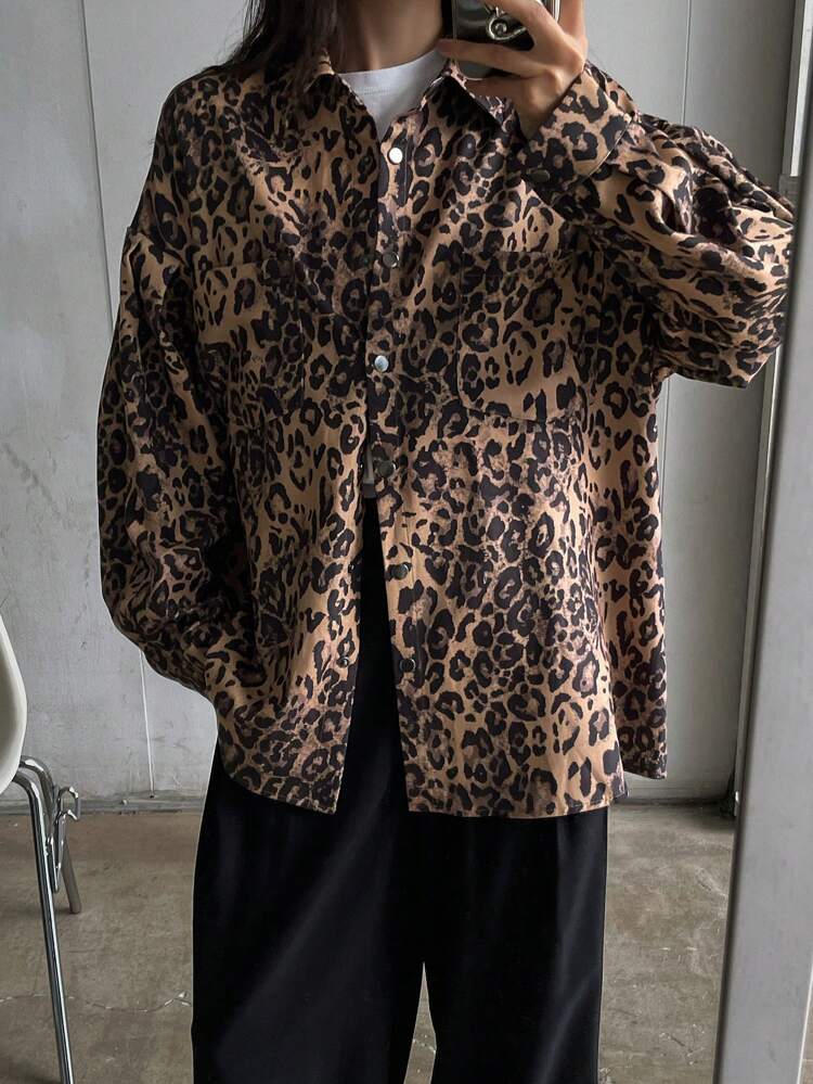 Women Leopard Print Long Sleeve Button Front Simple Casual Pocket Shirt Cheetah Print,Fall Clothes
