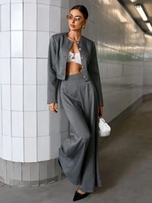 SHEIN Black Friday x Star Picks GENKIRA Commuting Casual Round Neck Front Button Long Sleeve Blazer Jacket And Wide Leg Extra Long Pants Elegant Suit Set Fall Cloth For Women - Grey - View 6