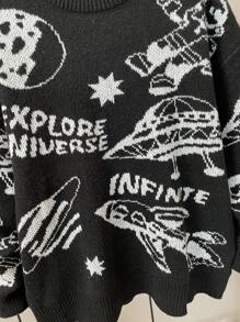 SHEIN Teen Boys' Casual Black & White Astronaut, Spaceship, UFO, Rocket, Moon Print Crew Neck Long Sleeve Sweater, Suitable For Autumn, Winter, Warmth, School, Home, Daily, Sports, Versatile, Layering - Black - View 6
